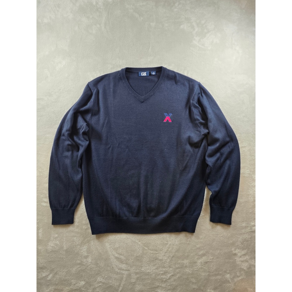 Cutter & Buck V Neck Sweater Mens L Blue Merino Wool Blend Golf Base Layer